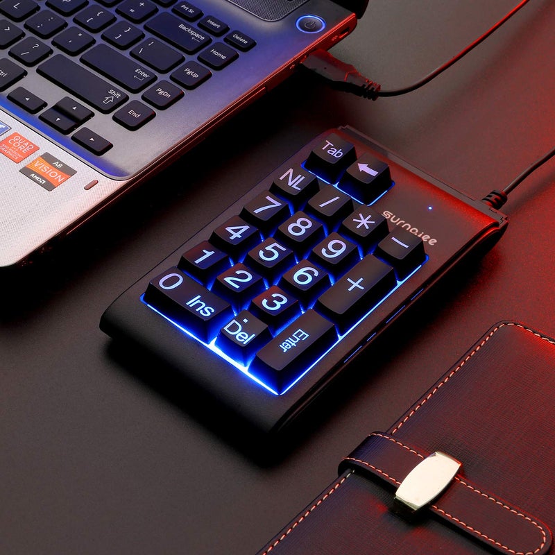 SurnQiee USB Number Pad, Large Print Wired Numeric Keypad with 3 Colors LED Backlit, Portable Mini 10 Key Num Pad for Laptop Desktop Computer PC, Full Size 19 Key - Black - Image 3